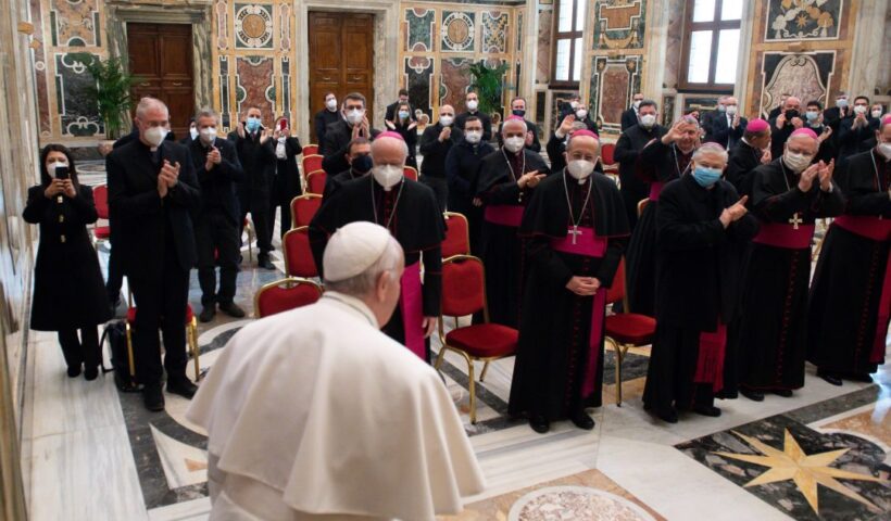 Pope Francis arrives for an audience with participants in a meeting organized by the Italian bishops’ National Catechetical Office, at the Vatican Jan. 30, 2021. (Credit: CNS photo / Vatican Media.)