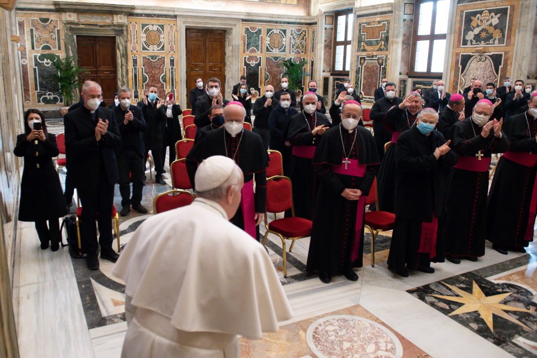 Pope Francis arrives for an audience with participants in a meeting organized by the Italian bishops’ National Catechetical Office, at the Vatican Jan. 30, 2021. (Credit: CNS photo / Vatican Media.)