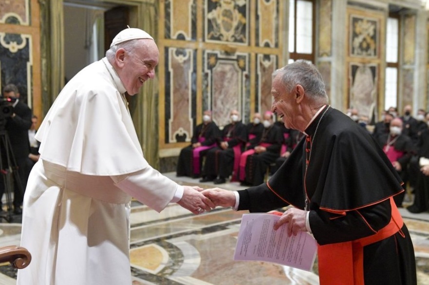 Pope Francis greets Cardinal Luis Ladaria, prefect of the Congregation for the Doctrine of the Faith, during an audience with members of congregation at the Vatican Jan. 21, 2022. (CNS photo / Vatican Media)