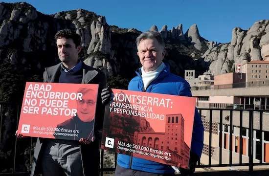 A victim of sexual abuse by a Spanish monk protests for a judicial response, in Montserrat, near Barcelona, on February 3, 2019. (Photo by SUSANNA SÁEZ/EFE/MAXPPP)