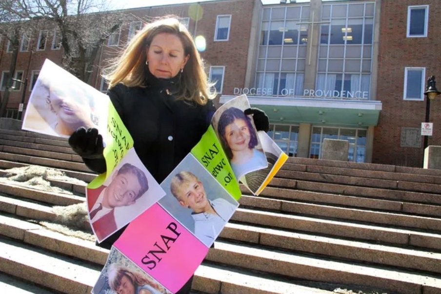 Barbara Blaine attends a 2014 news conference outside the Providence diocesan office in which she and others raised concerns about the Rev. Francis Santilli. Journal Files.