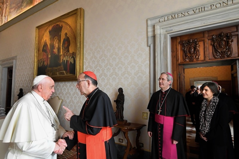 Spanish Cardinal Juan José Omella, pictured meeting Pope Francis last month, was at the press conference. dpa/Alamy