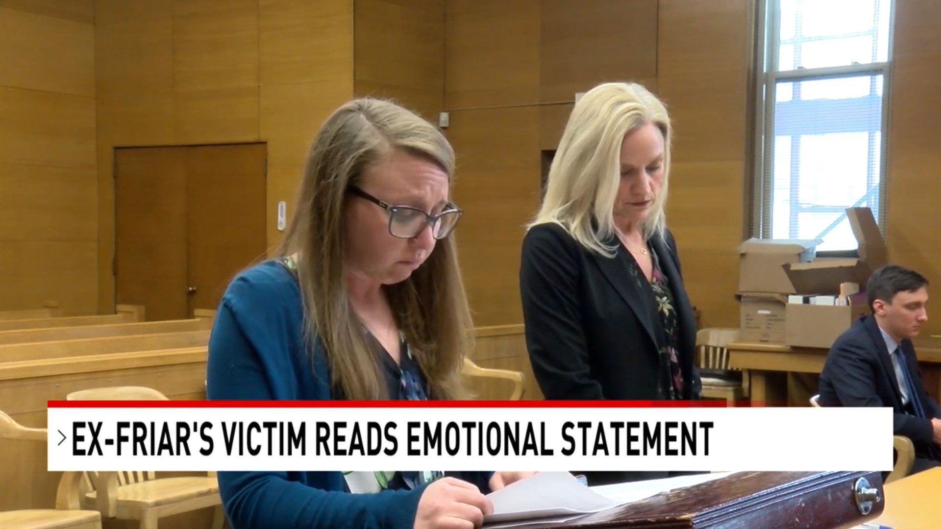 Survivor of abuse by Rev. David Morrier TOR reads her victim impact statement at Morrier's sentencing hearing on March 11, 2022. Screen image from WTOV video included in the report.