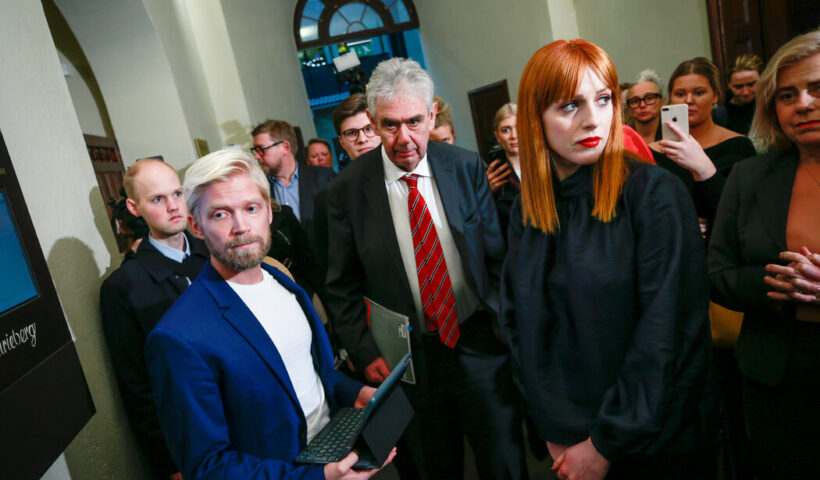 Ms. Wallin at her first trial for defamation in Stockholm District Court in 2019. Fredrik Persson / TT, via Zuma Press