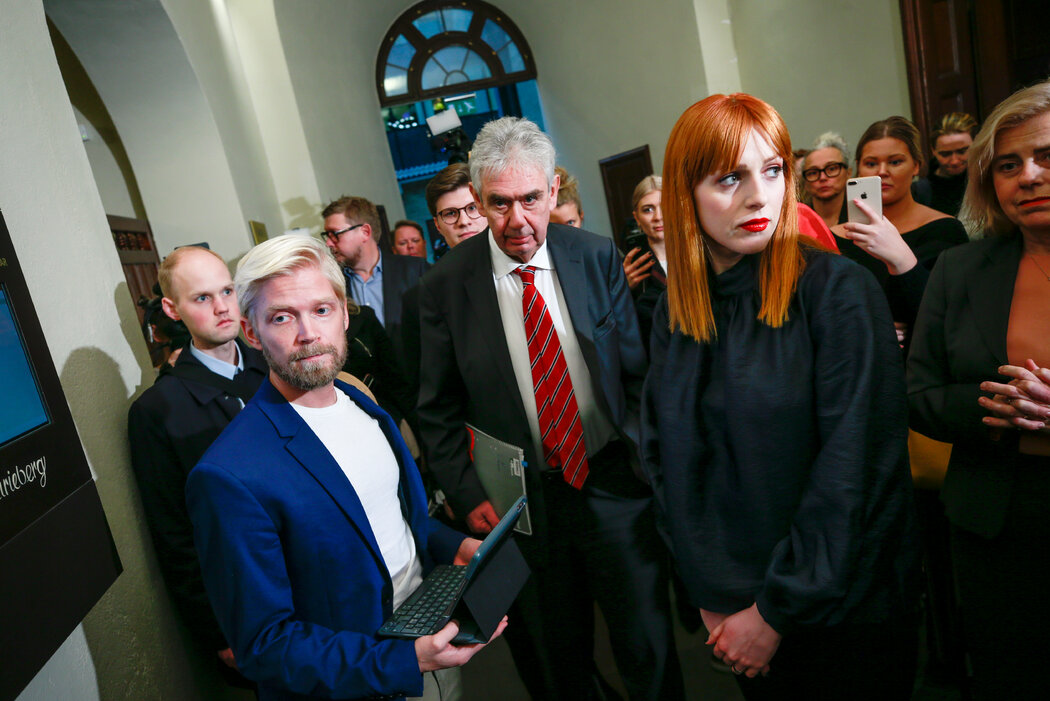 Ms. Wallin at her first trial for defamation in Stockholm District Court in 2019. Fredrik Persson / TT, via Zuma Press