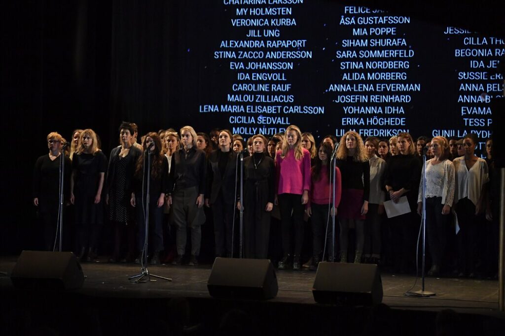 A group of actors staging a dramatic reading of anonymous testimonials from female actors detailing cases of abuse and harassment in Stockholm, on Nov. 19, 2017. Karin Törnblom / IBL, via Zuma Press