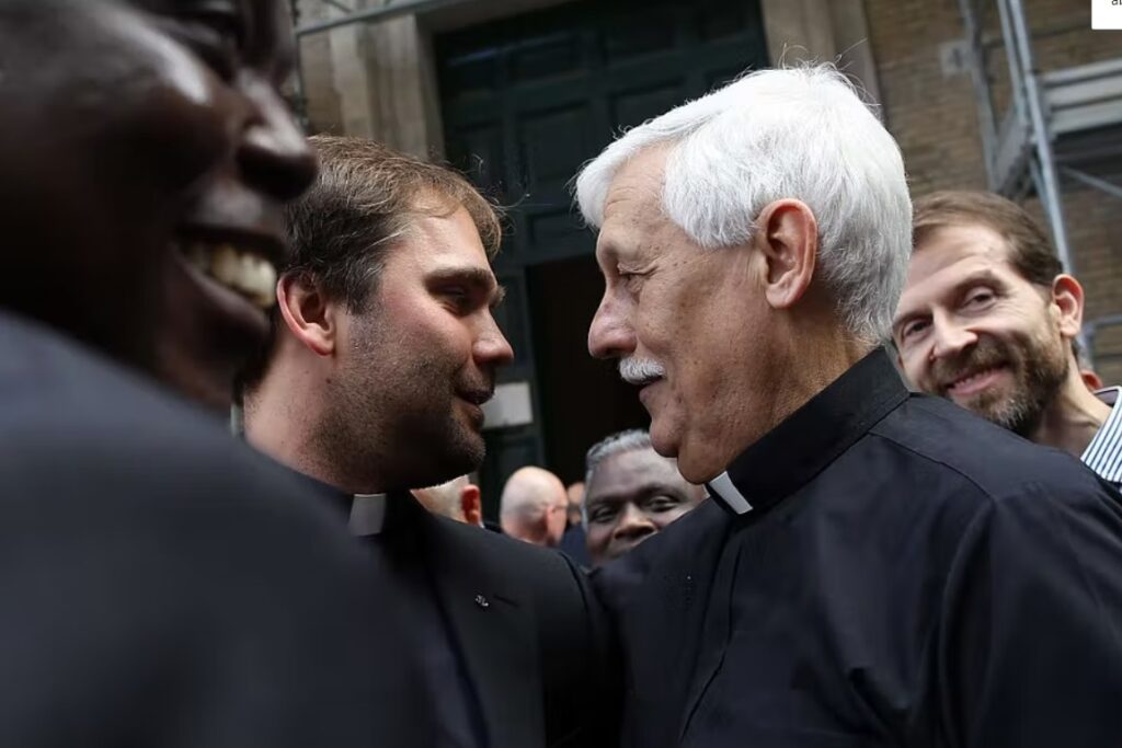 Venezuelan priest Arturo Sosa Abascal, second from right, receives congratulations after being chosen as new superior general of the Jesuits in 2016. Franco Origlia / Getty Images News via Getty Images