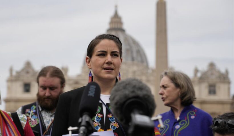 President of the Metis community, Cassidy Caron, speaks to the media in St. Peter's Square after their meeting with Pope Francis at The Vatican, Monday, March 28, 2022. (AP Photo/Gregorio Borgia)