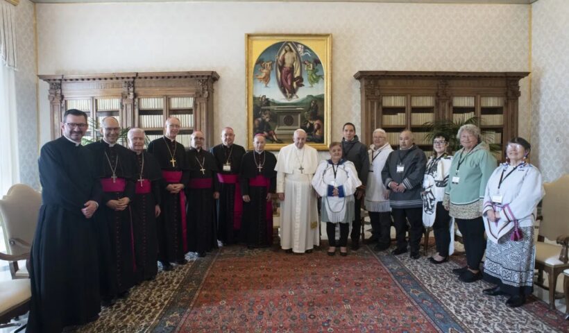 Pope Francis meets with Inuit delegates at the Vatican on Monday, March 28, 2022. (Canadian Press/HO-Vatican Media )