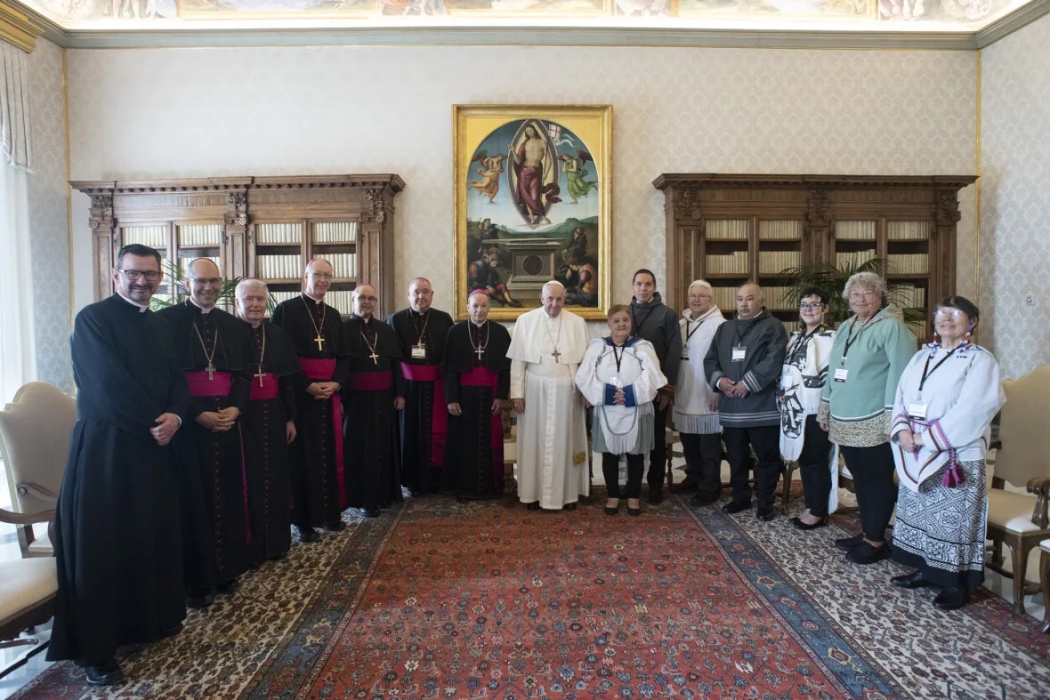 Pope Francis meets with Inuit delegates at the Vatican on Monday, March 28, 2022. (Canadian Press/HO-Vatican Media )