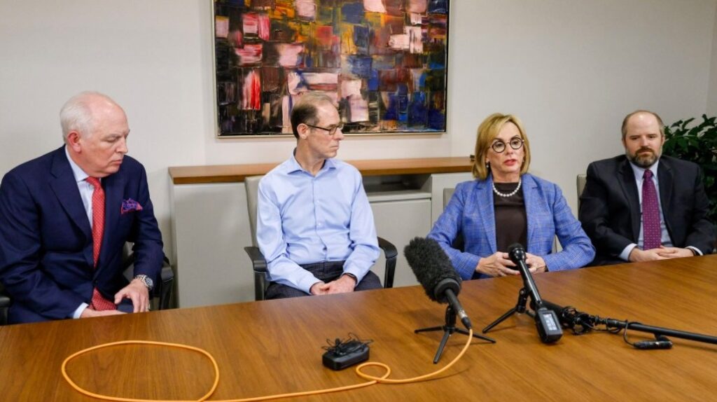 From left, Tom Melsheimer, lawyer representing Jesuit College Preparatory School Dallas, Lee Taft, a former plaintiff’s lawyer, plaintiffs lawyers Charla Aldous and Brent Walker pictured during a press conference regarding a lawsuit alleging priests at Jesuit College Preparatory School Dallas sexually abused students at the Aldous\Walker law offices in Dallas, Wednesday, March 30, 2022. A lawsuit alleging priests sexually abused students at Jesuit College Preparatory School Dallas in the 1970s and 1980s has been settled.(Elias Valverde II / Staff Photographer)