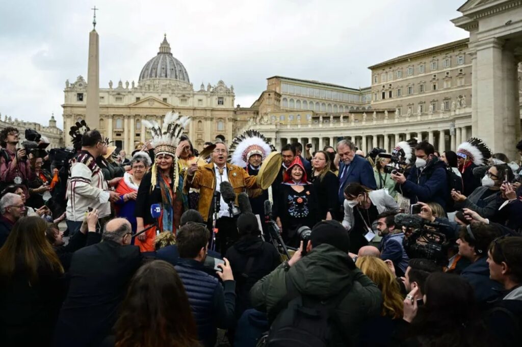 Gerald Antoine, the Dene national chief, center, and delegates from Canada’s Indigenous groups addressed the news media on Thursday at St. Peter’s Square in the Vatican. Vincenzo Pinto / Agence France-Presse — Getty Images