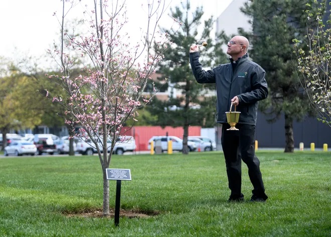 "Father Bernie Etienne, pastor of Holy Rosary Parish, is shown in an April 2021 photo taking part in a ceremony in the Daughters of Charity Prayer Garden on the main medical campus of Ascension St. Vincent in Evansville. The Catholic Diocese of Evansville said Wednesday that Etienne has been placed on leave amid an allegation of sexual misconduct. The diocese said Etienne denied the accusation."