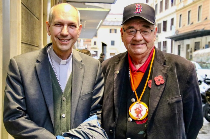 Regina Archbishop Donald Bolen, left, and Keeseekoose First Nation delegate Ted Quewezance are shown during their visit to meet Pope Francis in Rome on Wednesday, March 30, 2022. Olivia Stefanovich / CBC)
