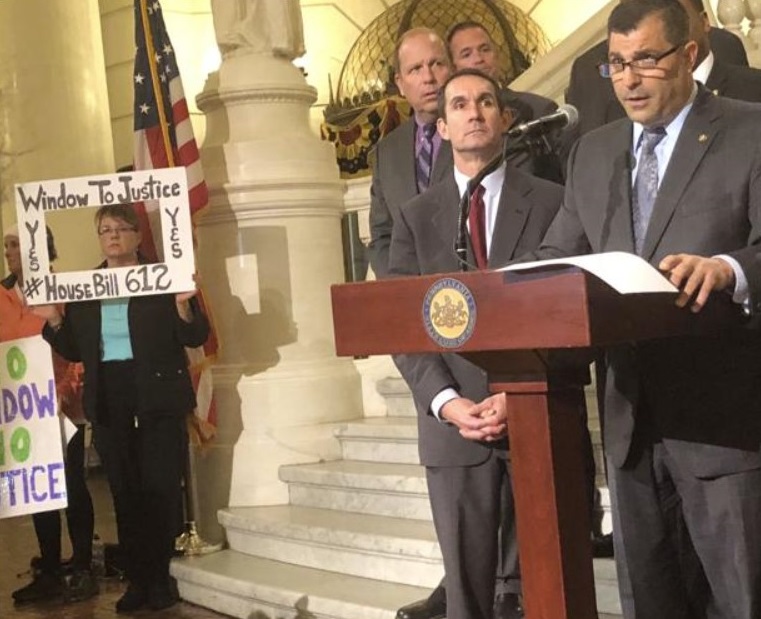 State Rep. Mark Rozzi, D-Berks County, speaks at a rally Monday, Sept. 24, 2018, calling on the Legislature to approve a two-year window to allow victims of old child sex crimes to sue in civil court. Photo by John Finnerty