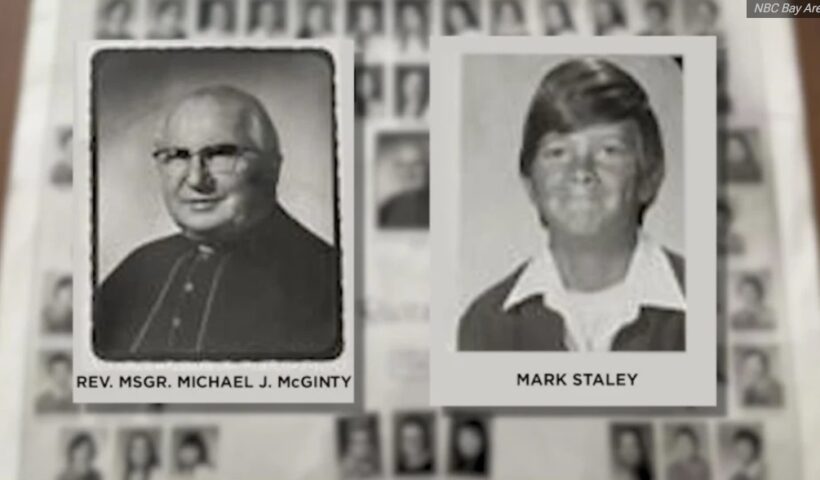 Yearbook photos of Msgr. Michael J. McGinty and survivor Mark Staley.
