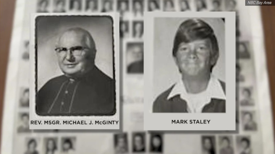 Yearbook photos of Msgr. Michael J. McGinty and survivor Mark Staley.