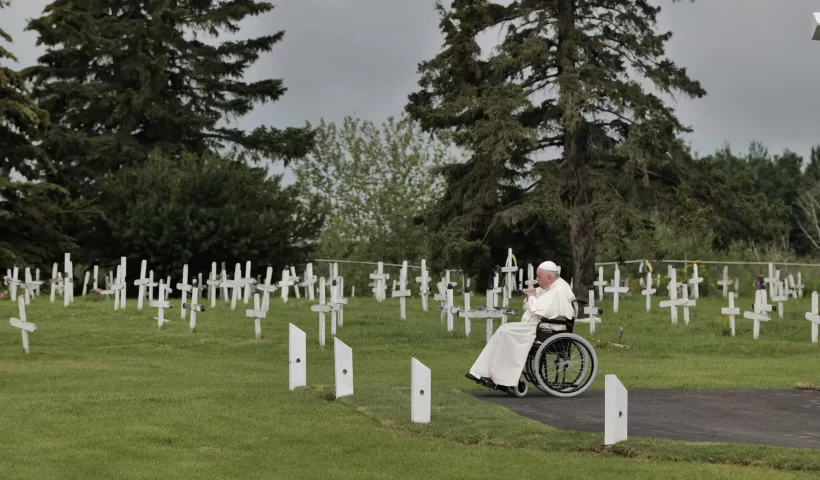 Pope Francis visited a cemetery n Maskwacis, Alberta, on Monday where local Indigenous people believe children were buried in unmarked graves. Credit...Ian Willms for The New York Times