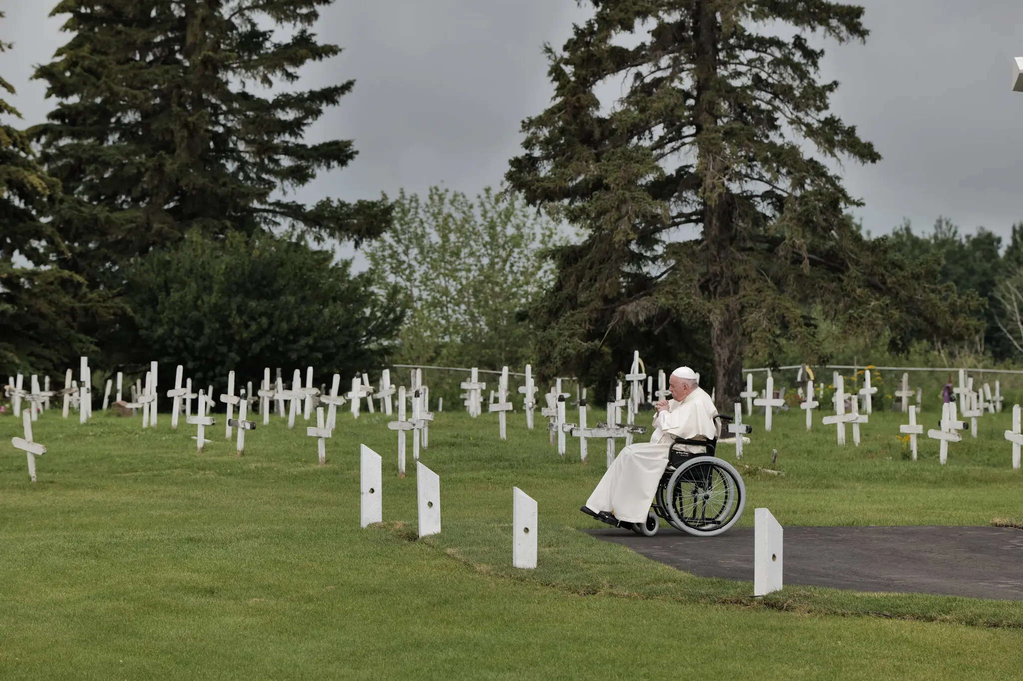 Pope Francis visited a cemetery n Maskwacis, Alberta, on Monday where local Indigenous people believe children were buried in unmarked graves. Credit...Ian Willms for The New York Times