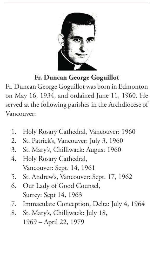 Father Duncan George Goguillot’s resume with the Catholic church in B.C. as reported in the June 2021 Update on Clergy Sexual Abuse. (Source: The B.C. Catholic)