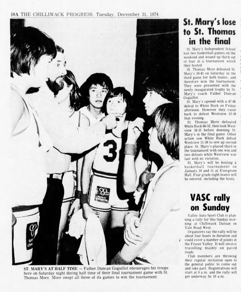Father Duncan Goguillot surrounded by boys as the coach of the St. Mary’s Independent School’s basketball team in a Chilliwack Progress clipping from Dec. 31, 1974. (Chilliwack Progress archives)