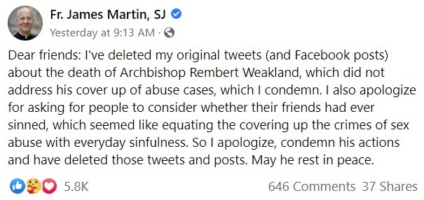 Note from BishopAccountability.org: This message was posted on Fr. Martin's Facebook page on August 24, 2022.