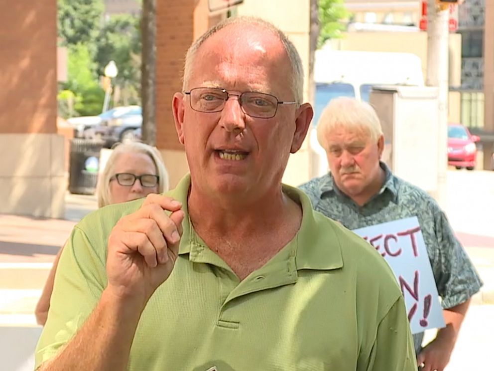 David Lorenz, Director of Survivors Network of those Abused by Priests (SNAP) in Maryland, speaks at a rally outside Maryland Attorney General Brian Frosh's office in Baltimore on Aug. 2, 2022.