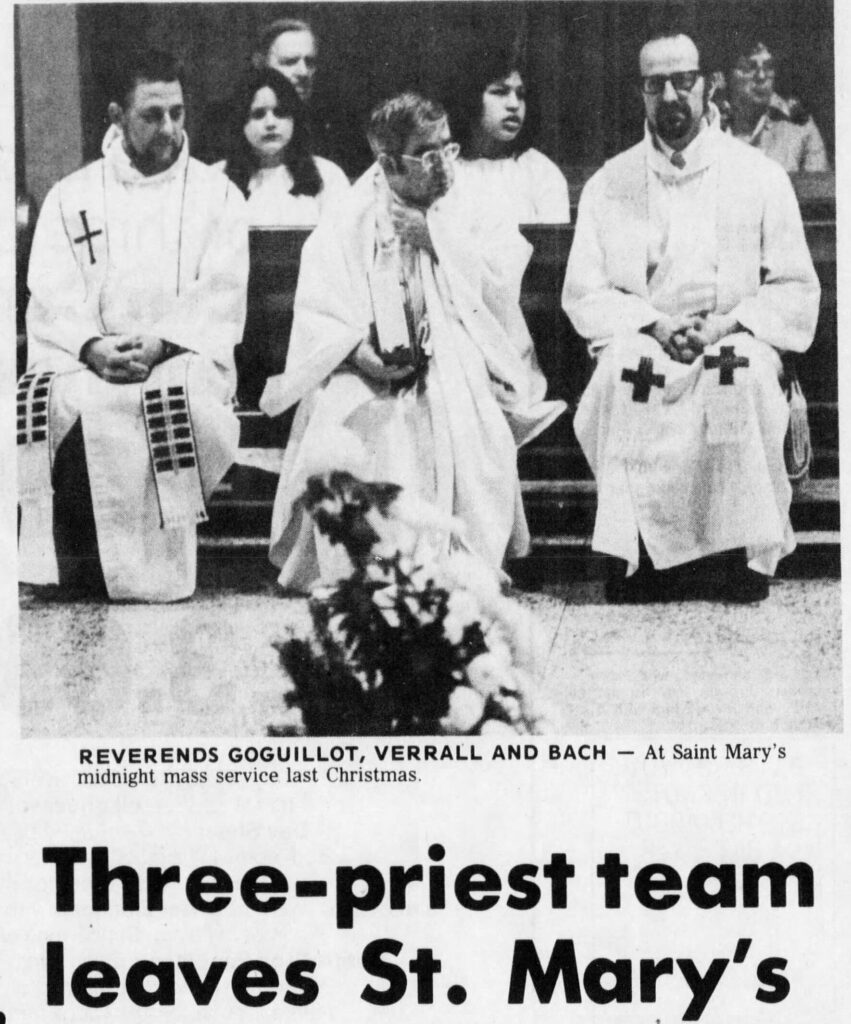 Chilliwack Progress story from April 4, 1979 when three priests including Father Duncan Goguillot (left) left St. Mary’s in Chilliwack. (Chilliwack Progress archives)  Be Among The First