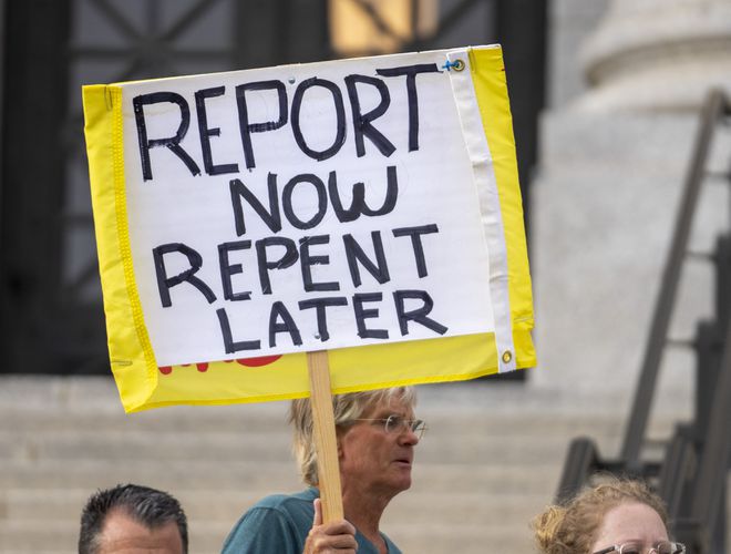(Rick Egan | The Salt Lake Tribune) Protesters gather on the steps of the Capitol, for a rally to gain support for removing the clergy exemption from mandatory reporting in cases of abuse and neglect, on Friday, Aug. 19, 2022.
