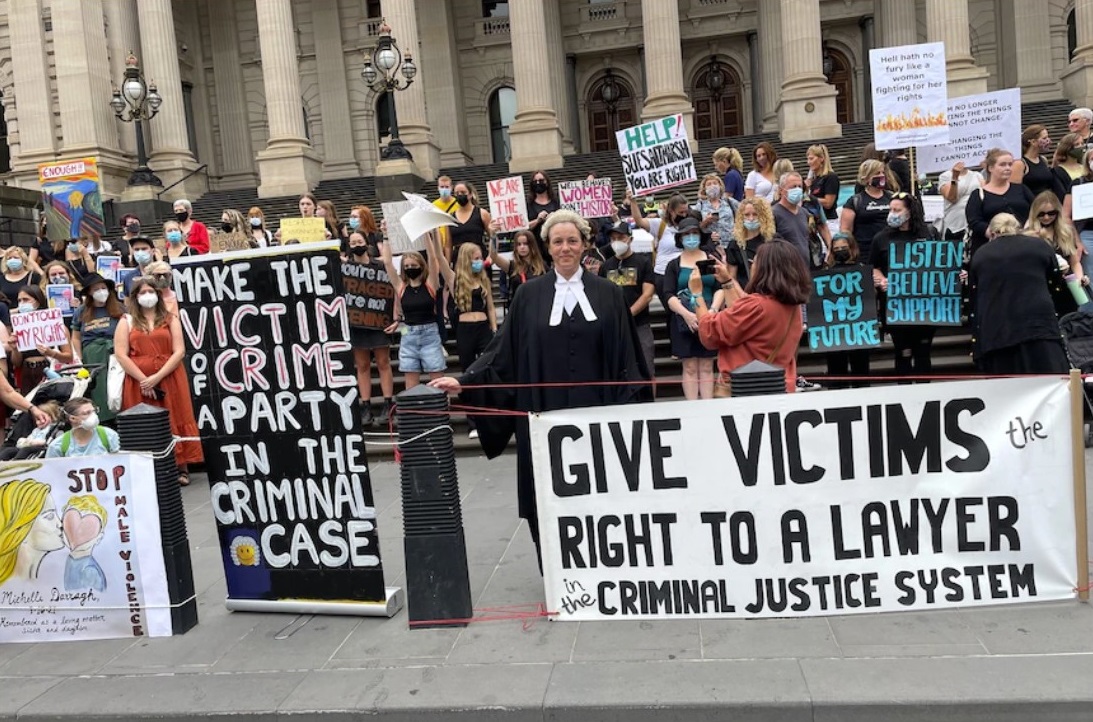 Ballarat lawyer Ingrid Irwin attends a rally outside Victorian Parliament earlier this year. Supplied: Twitter