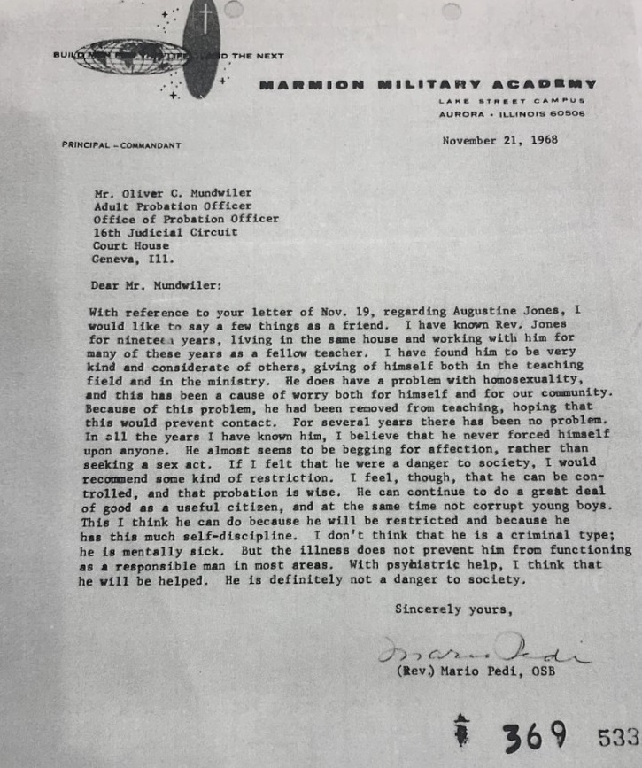 A letter from a Benedictine asking for leniency for the Rev. Augustine Jones after his first conviction, for groping a boy in 1968.