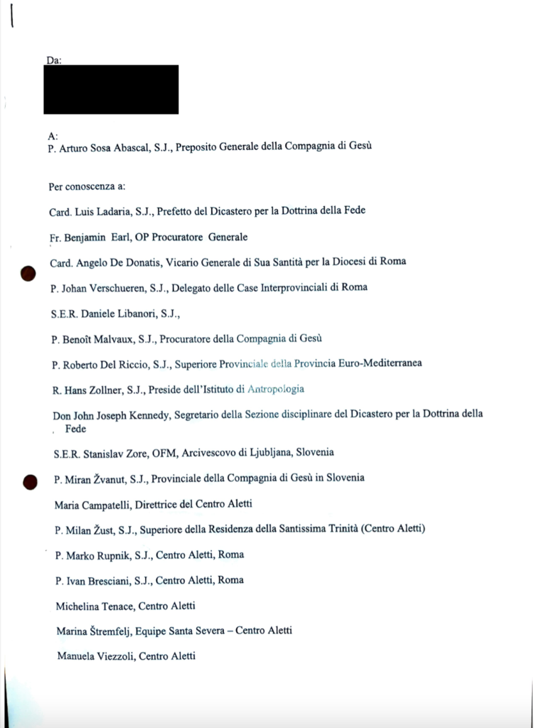 Italian original of June 5, 2022 letter, page 1, by Rudnik survivor "Anna" to Jesuit superiors and Vatican officials, questioning why Fr. Marko Rupnik SJ was still in ministry.