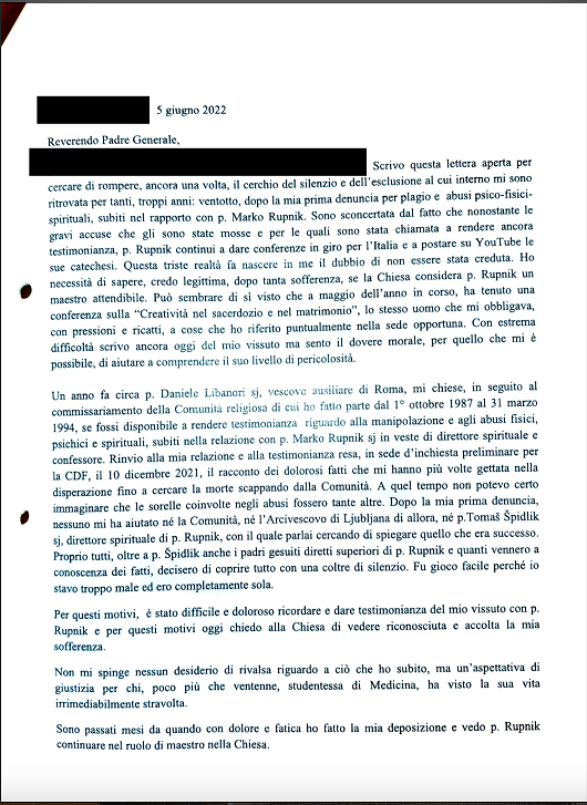 Italian original of June 5, 2022 letter, page 2, by Rudnik survivor "Anna" to Jesuit superiors and Vatican officials, questioning why Fr. Marko Rupnik SJ was still in ministry.