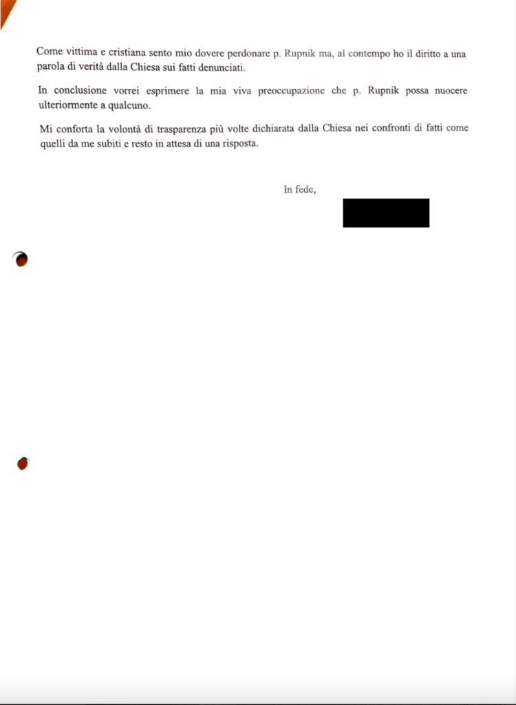 Italian original of June 5, 2022 letter, page 3, by Rudnik survivor "Anna" to Jesuit superiors and Vatican officials, questioning why Fr. Marko Rupnik SJ was still in ministry.