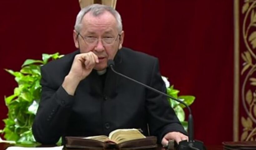 A screen grab shows Jesuit Father Marko Rupnik, an artist and theologian, giving a Lenten meditation from the Clementine Hall at the Vatican in this March 6, 2020, file photo. Father Rupnik, whose mosaics decorate chapels in the Vatican, all over Europe, in the United States and Australia, is under restricted ministry after being accused of abusing adult nuns in Slovenia. (CNS photo)
