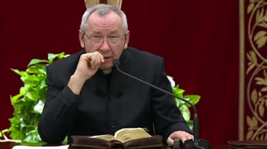 A screen grab shows Jesuit Father Marko Rupnik, an artist and theologian, giving a Lenten meditation from the Clementine Hall at the Vatican in this March 6, 2020, file photo. Father Rupnik, whose mosaics decorate chapels in the Vatican, all over Europe, in the United States and Australia, is under restricted ministry after being accused of abusing adult nuns in Slovenia. (CNS photo)