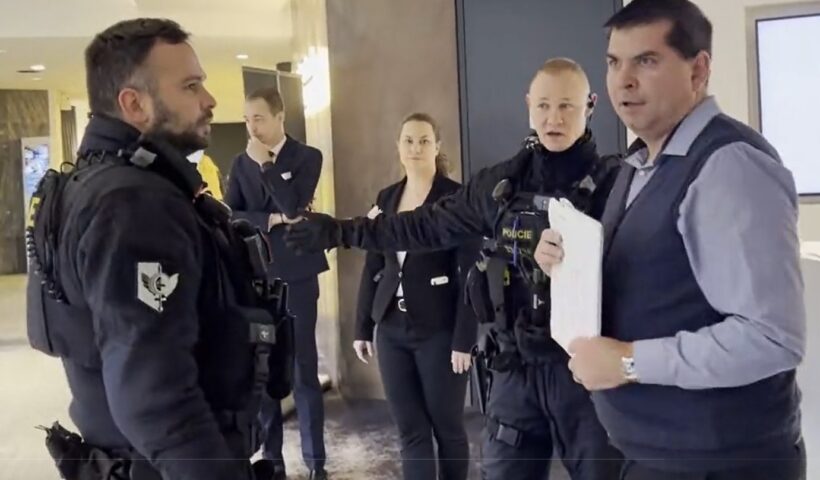 Screen image from a Twitter video included in a report by the Swiss Catholic Media Center, showing Ladislav Koubek removed from the hotel of the European Synod by police, February 5, 2023