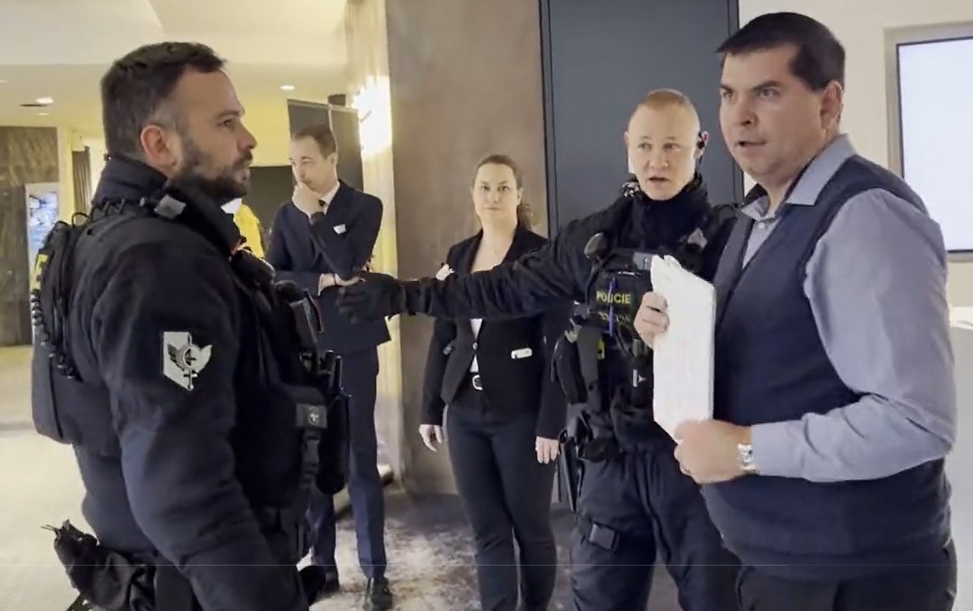 Screen image from a Twitter video included in a report by the Swiss Catholic Media Center, showing Ladislav Koubek removed from the hotel of the European Synod by police, February 5, 2023