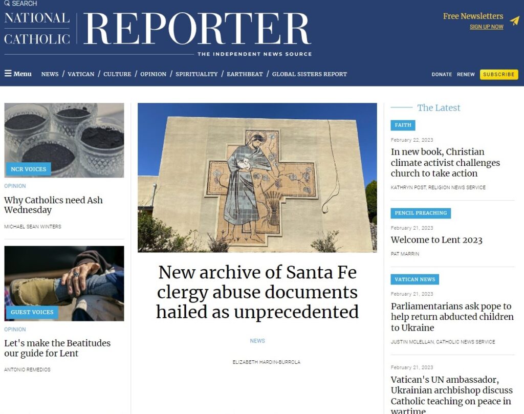 National Catholic Reporter homepage featuring "New archive of Santa Fe clergy abuse documents hailed as unprecedented," by Elizabeth Hardin-Burrola, February 22, 2023