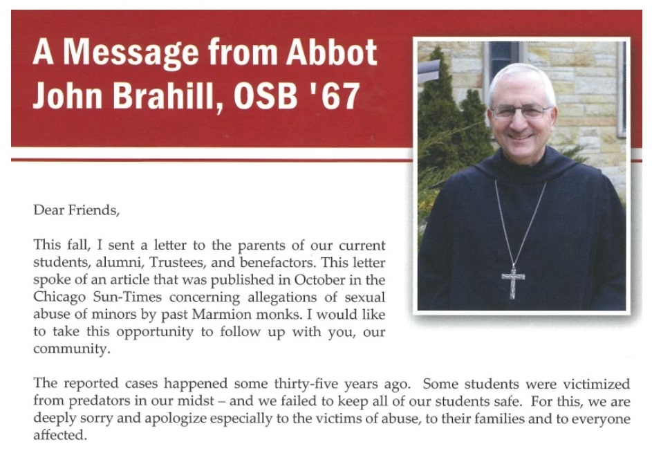 A letter to the Marmion Academy community from the Rev. John Brahill in the wake of a Chicago Sun-Times investigation published last October that revealed decades of accusations of sexual abuse and coverups at the Aurora school. Provided