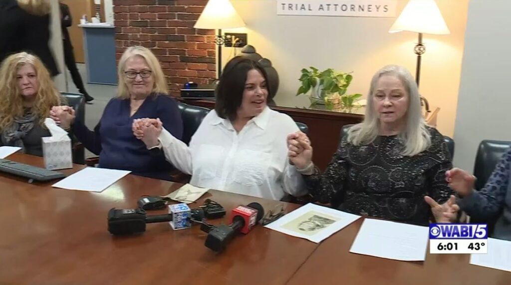 Survivors of abuse by Fr. Lawrence Sabatino of the Diocese of Portland, Maine, at a press conference on March 8, 2023 in Portland. On the right is Patricia Butkowski, and to her right is Ann Allen.