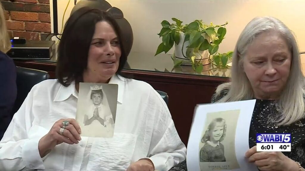 Ann Allen and Patricia Butkowski, survivors of abuse by Fr. Lawrence Sabatino of the Diocese of Portland, Maine, at a press conference on March 8, 2023 in Portland.