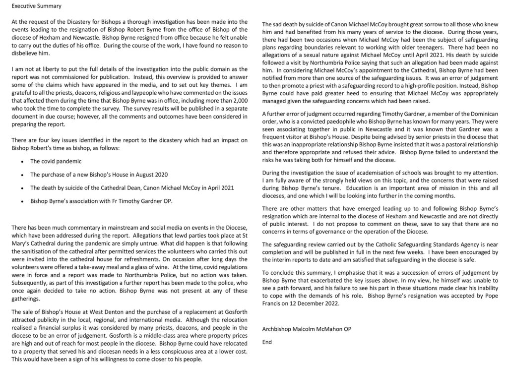 Executive Summary of report for the Dicastery of Bishops by Archbishop Malcolm McMahon regarding Bishop Robert Burn of the Diocese of Hexham and Newcastle, May 4, 2023