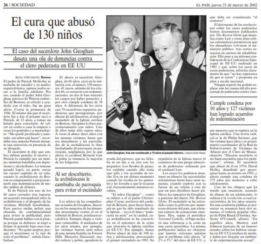 A page from the March 21, 2002, issue of EL PAÍS, on the abuse scandal in the U.S. that tormented Padre Pica.