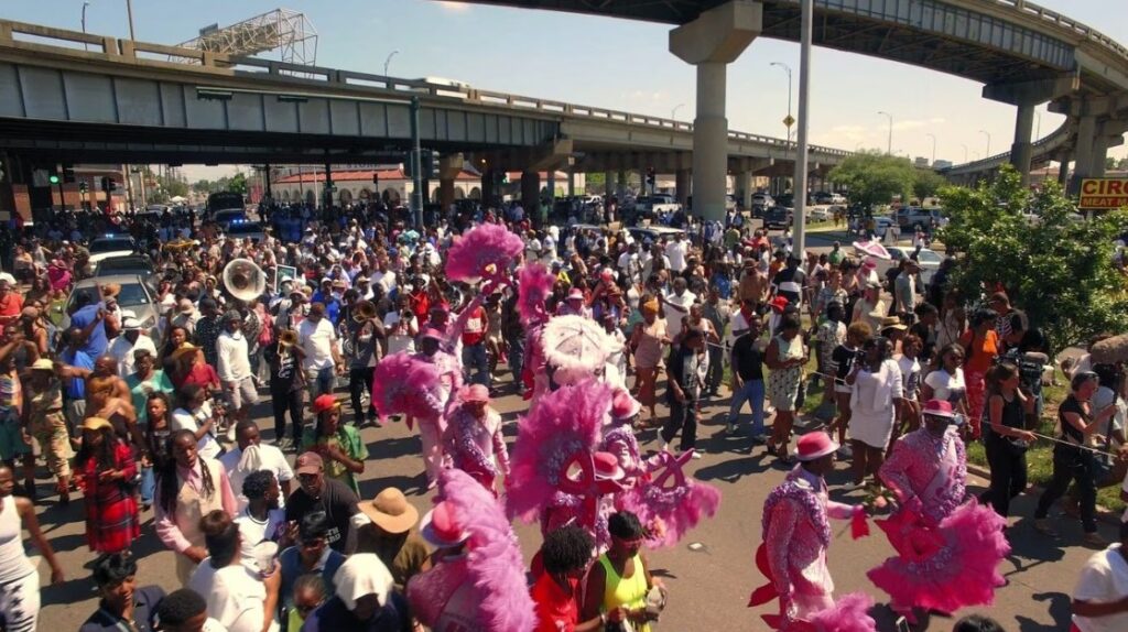 Film still of Original Big 7 Mother's Day during the second line parade in a scene from Jason Berry's film "City of a Million Dreams." CITY OF A MILLION DREAMS/SPIRIT TIDE PRODUCTIONS