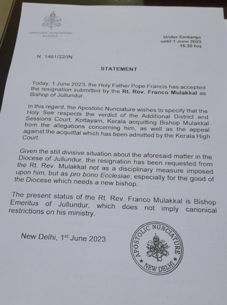 Statement of the Apostolic Nunciature in New Delhi, June 1, 2023, regarding the request that Bishop Franco Mulakkal of the Diocese of Jullundur resign pro bono Ecclesiae.