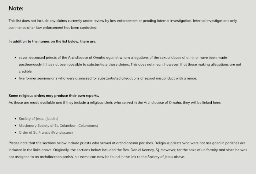 The "List of Substantiated Claims of Clergy Sexual Abuse of or Sexual Misconduct with a Minor" on the website of the Archdiocese of Omaha includes a note about Daniel Kenney. (NCR screenshot/Report.archomaha.org)