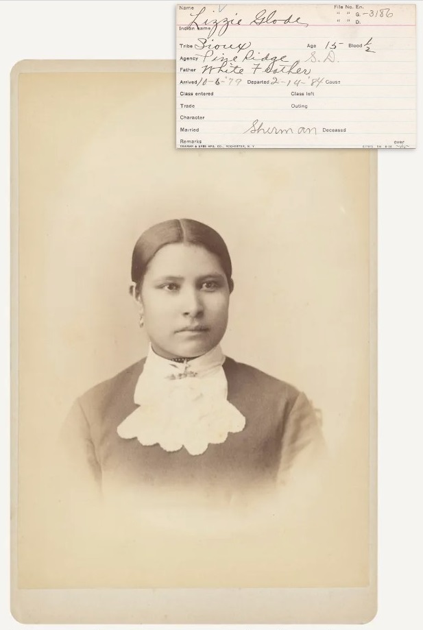 Lizzie Glode’s portrait and student card from the Carlisle Indian Industrial School. Dickinson College Archives and Special Collections