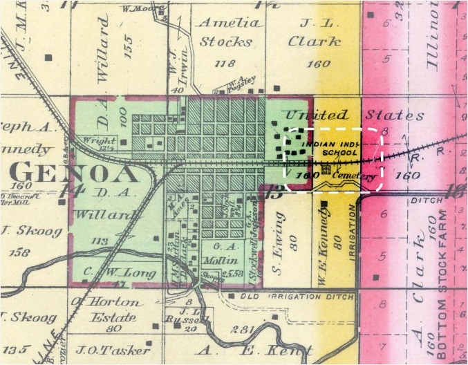 According to this 1899 page from the Plat Book of Nance County, Neb., a cemetery was located on the premises of Genoa Indian Industrial School. Its exact position on the former school grounds is presently unknown. Historic Map Works