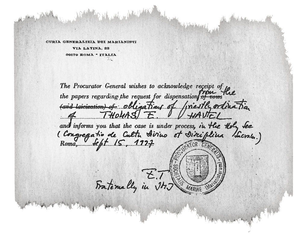 A document confirming Havel's dispensation from the priesthood in 1997. Courtesy Archdiocese of Los Angeles. Graphic by Kristin Brown.